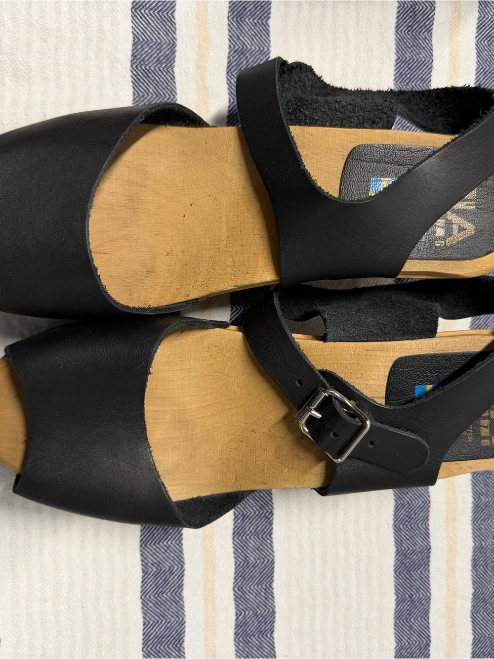 MIA Swedish Black Leather Wood Platform Clog Sandals Size 39 Made Sweden